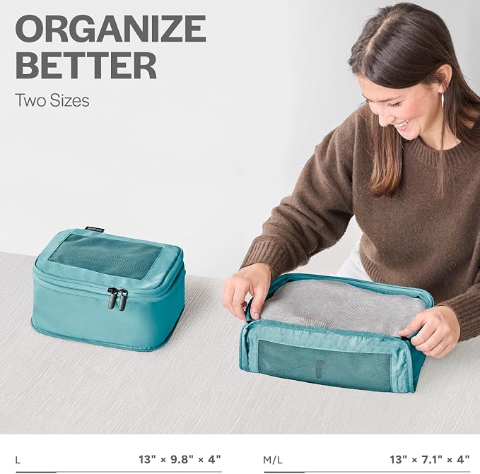 Compression Packing Cubes for Travel, 2-Pack, Teal | Solves overpacking, 2-Piece set fits most carry-ons, 50% Space savings, Compression luggage organizer bags