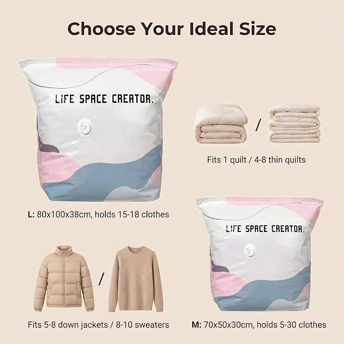 Zero Pump Storage Bags, No‑pump Vacuum Storage Bags – Press & Seal, No Pump Needed, Extra Large 𝐒torage 𝐁ags, Reusable for Clothes Duvet Travel and Home (M 6pcs)