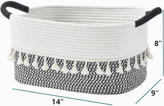 Storage Basket, Woven Baskets for Shelves, White/Black | 3 Pack Boho Cotton Rope Storage Baskets, 14" x 9" x 8", Home Organizer for Nursery, Holds Toys, Books & Towels