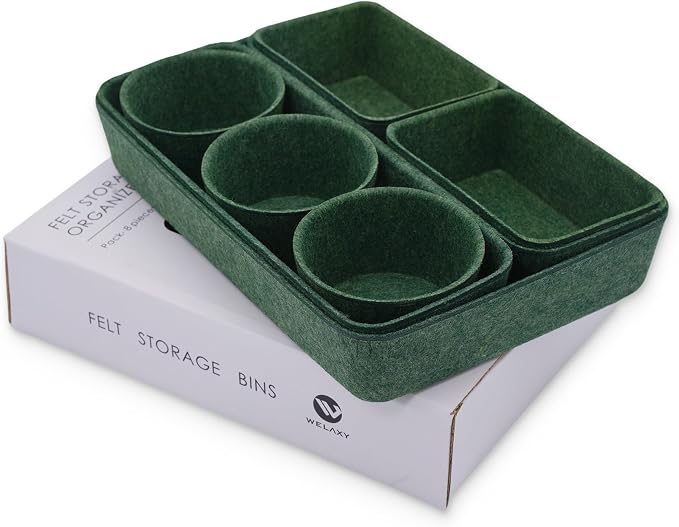 Welaxy Drawer Organizer Tray Quiet luxury 8pc Storage Bin Forest green | Sustainable material soft yet sturdy,multi-purpose storage, sleek minimalist lifestyle
