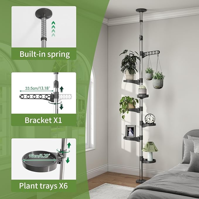 BAOYOUNI 7-Tier Plant Pole Tension Rod Expandable Flower Stand Grey | Adjustable 7.5-9.5ft Corner Storage Shelf,6 Trays + Hanger，360° Rotating Plant Display Rack ,No Tools Assembly