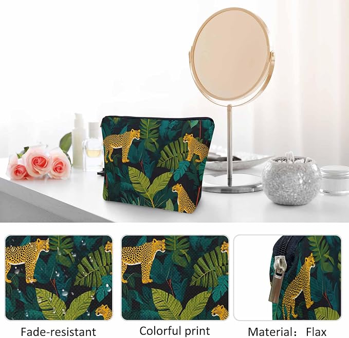 Leopard Cosmetic Travel Bag For Toiletries, Tropical Leaves Leopard Cheetah Makeup Bag Toiletry Bags For Women, Flax Cosmetic Bags Make Up Bag Purse Toiletries Bag Birthday Gift Yellow Green