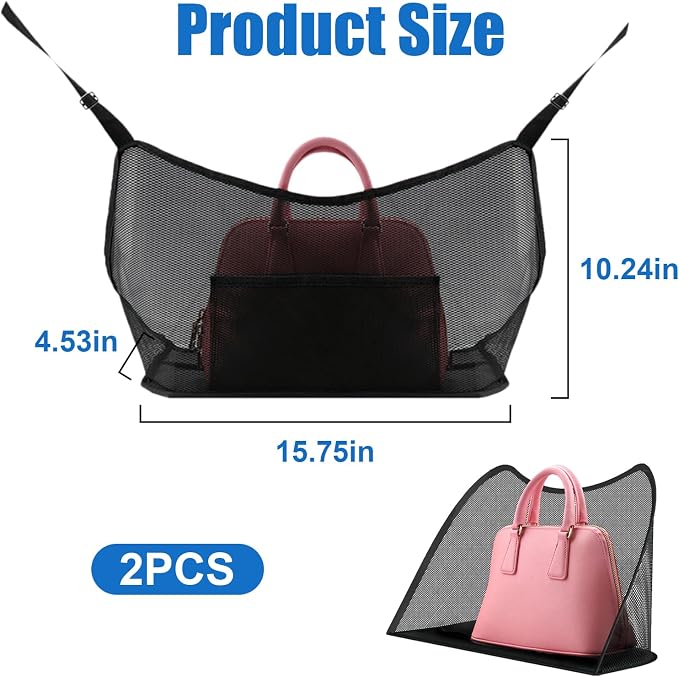 Ziciner 2 PCS Car Net Pocket Handbag Holder, Organizer Mesh Bag Between Two Seat, Driver Storage Netting Pouch for Handbag Purse, Barrier of Backseat Pet, Car Accessories for Women Men (Black)