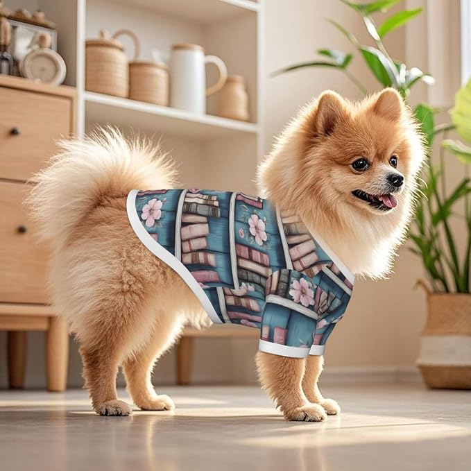 Vintage Floral Bookshelf Dog T Shirt Dogs Cats Cotton Shirts Short Sleeve Clothes Soft Stretchy Pet Costume Doggy Outfit Pullover Jumper Puppy Sweatshirt Medium