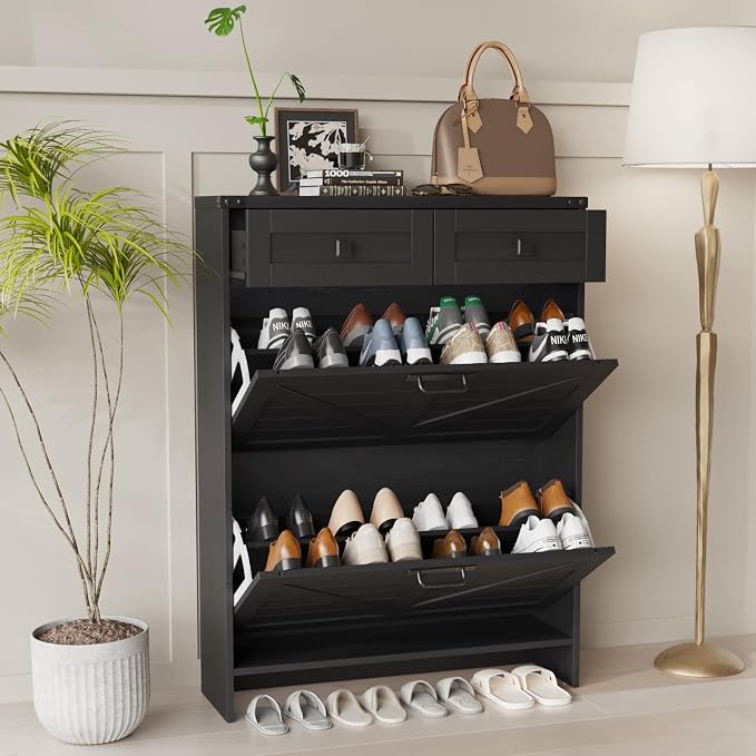 Halitaa Shoe Cabinet with 2 Flip Drawers & 2 Drawers,Farmhouse Shoe Storage Cabinet for Entryway,Slim Freestanding Narrow Organizer Rack for Front Door Entrance,Black
