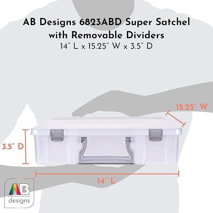 AB Designs 6823ABD Super Satchel with Removable Dividers, Stackable Home Storage Organization Container, Clear with Sliver Latches and Handle