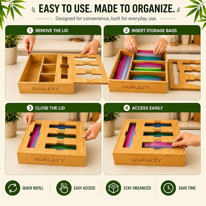 Bamboo Storage Bag Organizer for Drawer | 4-in-1 Baggie Organizer, Kitchen Drawer, Wall Mount & Countertop, Gallon, Quart, Sandwich & Snack, Engraved Labels
