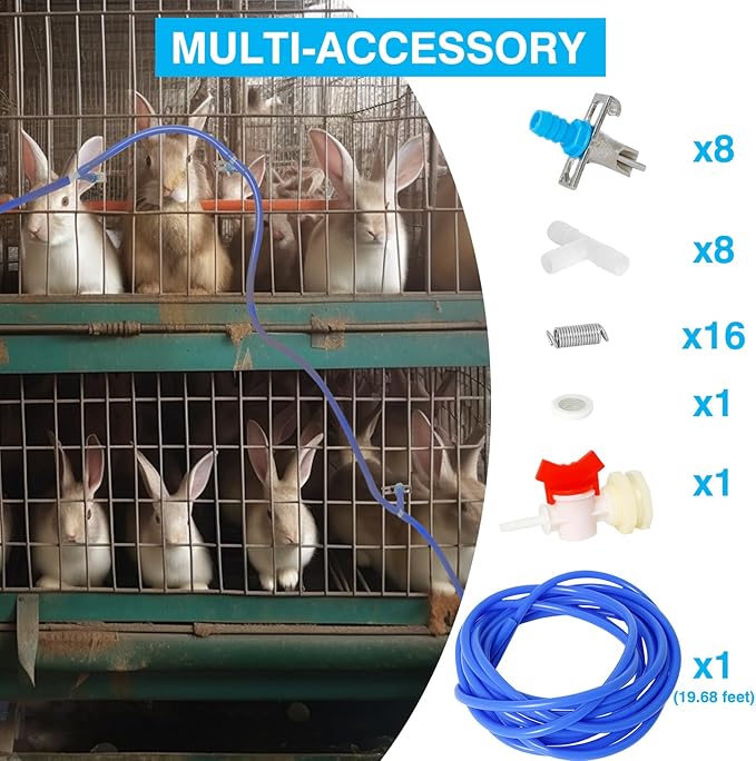 OCQOTAT Automatic Rabbit Watering System,Quail Rabbit Water Bottle Dispenser 8 Nipples Drinker,ID 5/16" Hose 19.68 Feets,Barb Fittings to G1/2" Thread,T-Fittings,Springs,Gaskets,Bucket Connector