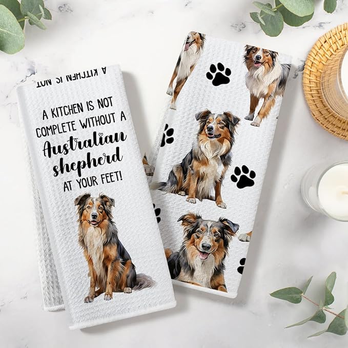 Australian Shepherd Waffle Weave Kitchen Towels, Quick Dry Multipurpose Hand Towels for Bathroom, Absorbent Reusable Cloth Tea Dish Towels for Home Decor, Dog Lover Gift Towel Set of 2