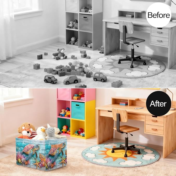 Pardick Storage Baskets Bin, Summer Ocean Turtle Wood Collapsible Canvas Fabric Storage Bin Decorative Baskets Toy Organizer Rectangle Storage Boxes with handles for Home Shelves Nursery,A-4
