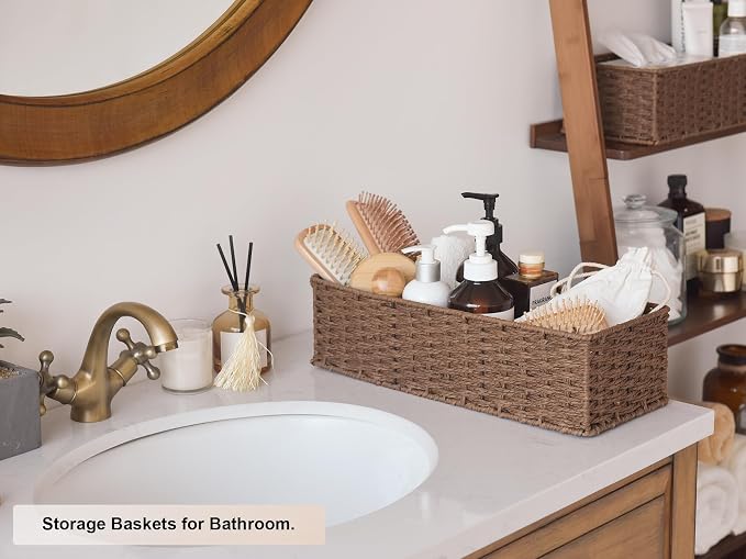 StorageWorks Toilet Tank Basket, Wicker Toilet Paper Baskets, Brown | Wicker Baskets for Bathroom Decor, Paper Rope Bathroom Basket Organizer and Storage for Tank Topper, 2 Pack