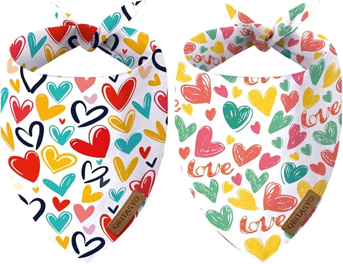 Valentines Day Dog Bandanas, 2-Pack Triangle Reversible Valentine Pet Scarves, Premium Fabric, Bandana for All Boys Girls Dogs (XL, Style 3)