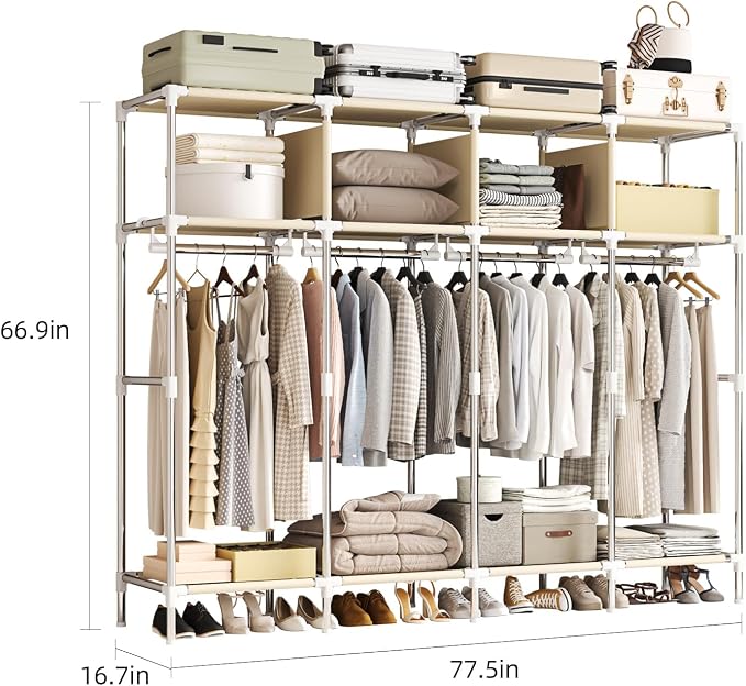 Large Portable Armoire Wardrobe Closet with 4 Hanging Rods and Lockers,Metal Storage Wardrobe Clothes Rack with Dust Cover for Clothes,16.7 in Wide,Bedroom,Gray (Grey, 77.5 in)