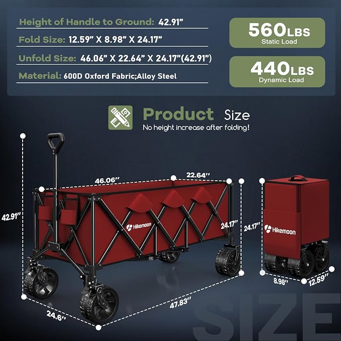 48'' Extra Large Collapsible Wagon with Big Wheels, 300L Red | 560LBS Heavy Duty, Wagons Carts Foldable, All-Terrain, Brakes, Folding Cart, Utility for Beach/Camping/Garden/Sports/Grocery