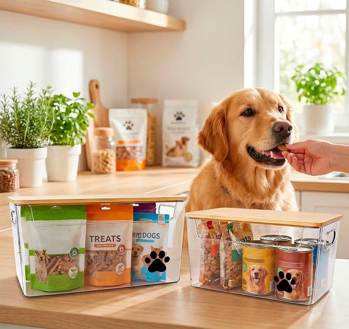 2pack Dog Storage Organizer, Clear Dog Treat Container with Bamboo Lids, Stackable Pet Treat Organizer, Ideal for Organizing Dog Cat Treat Snack,Chews, Can Food,Supplements