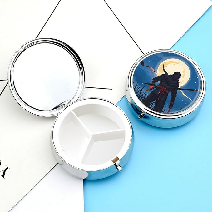 3 Compartment Medicine Pill Case, Moonlight Watercolor Style Ninja Round Pill Box, Portable Decorative Medicine Organizer for Pocket Or Purse Vitamin Organize