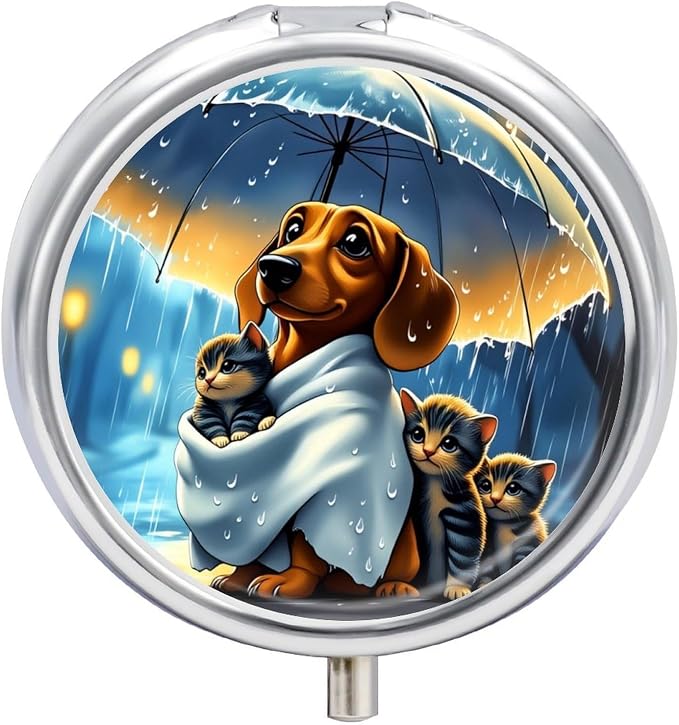 Pets Metal Round Pill Box, 3 Compartment Travel Organizer, Portable Pill Container with Secure Latch, 2 Inch Circular Vitamin Caddy for Pills and Vitamins, Gift for Him Her Elderly