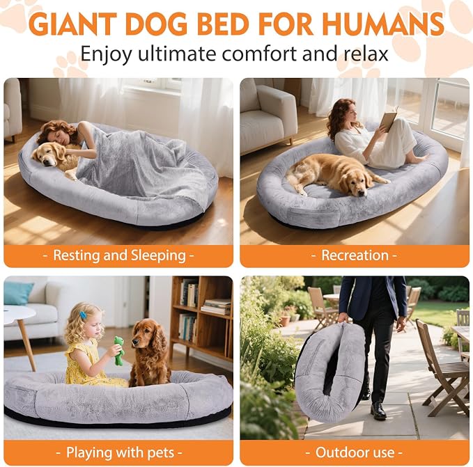 Human Dog Bed for Adults and Pets,71"x45"x14" Human Size Giant Dog Bed,Washable Faux Fur Cover Napping Orthopedic Bean Bag Bed for Humans with Blanket and Pillow,Gray