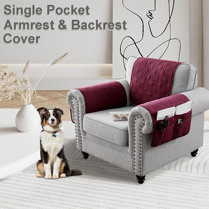 Recliner Armrest Cover with Headrest, Chair Armrest Slipcover with Side Pockets, Water-Resistant, Non Slip Furniture Protector for Pets (Wine Red,3 Seater 5PCS)