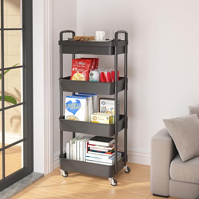 Calmootey 4-Tier Utility Cart with Drawer & Wheels, Storage for Home,Office | Space-Saving Organizer, Sturdy Plastic Shelves, Smooth-Rolling Metal Wheels, Built-in Drawer for Small Items, Black