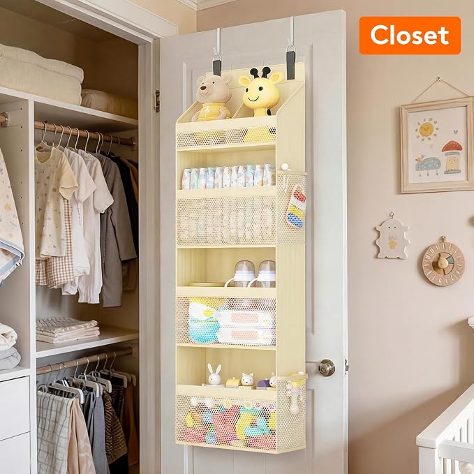 Lifewit 4 Tier Over the Door Organizer, Diaper Hanging Storage, Beige | Nursery Sturdy Large Heavy Duty Back of Door Shelf with 4 Mesh Side Pockets, for Baby Stuff Toy in Pantry, Laundry, Bathroom