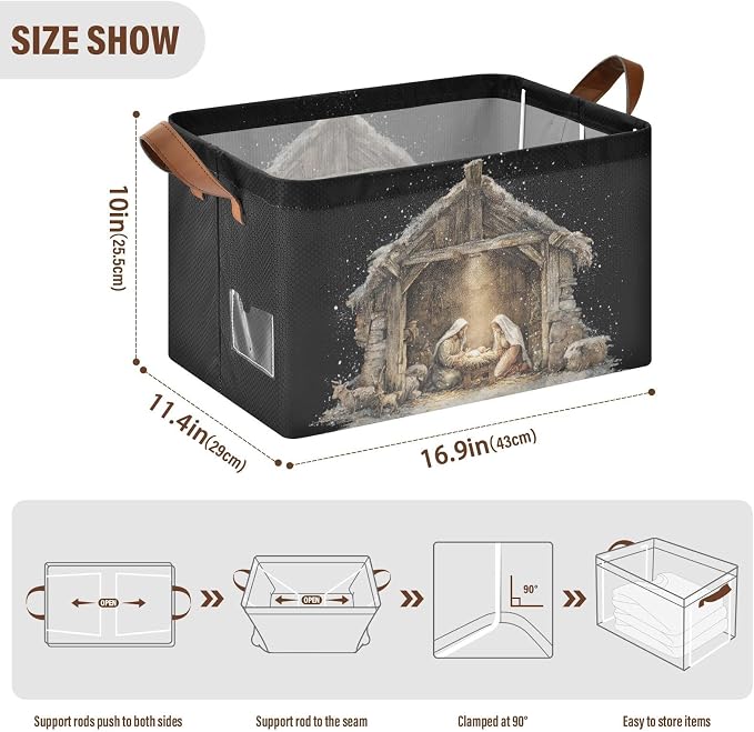Black Christmas Nativity Scene Storage Basket Foldable Cube Storage Bins with Handles&Label Waterproof Organizer Box Bin Large Rectangle Decorative Baskets for Shelves Home Room Laundry Indoor