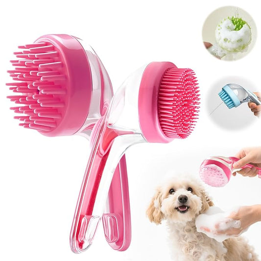 Pet Bath Brush with Shampoo Dispenser, Dog Bath Brush and Grooming Massage Brush for Dogs & Cats, Easy Dog Washing Brush for Short and Long Hair, Coarse and Fine Teeth 2pcs (Red)