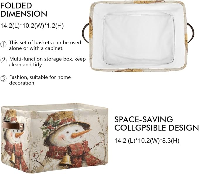 Christmas White Snowman Print Rectangular Storage Bin Basket with Handles - Nursery Storage Laundry Hamper Storage Baskets