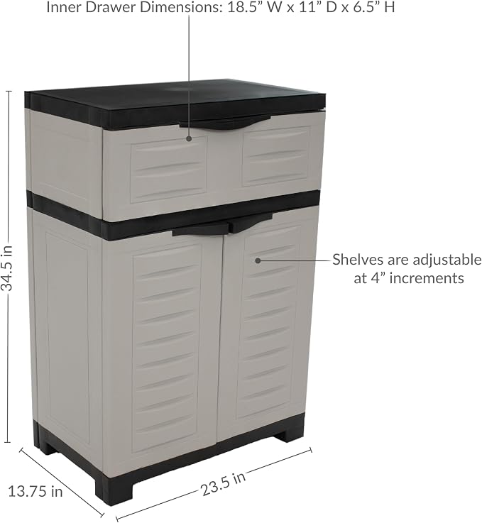 Sunnydaze 34.5" Garage Storage Cabinet with Adjustable Shelf, Gray | Heavy Duty Resin Storage Cabinet Resists Rust & Peeling, Utility Cabinet with Drawer & Anti-Tip Kit for Laundry, Office