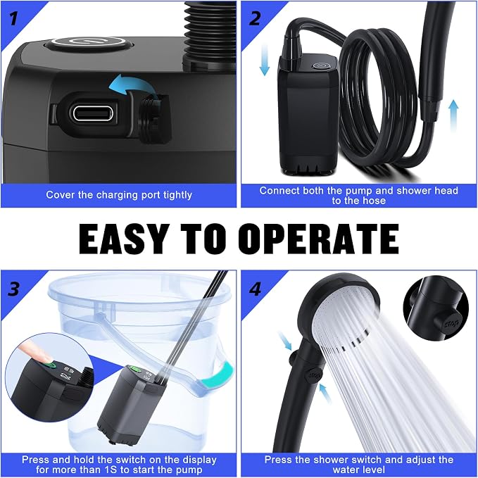 Portable Shower for Camping, [Long-Lasting] 6000mAh Rechargeable | Camping Shower with Intelligent LED Display, 4 Spray Modes, IPX7 Waterproof Outdoor Camp Pump for Hiking, Travel, Car, Pet