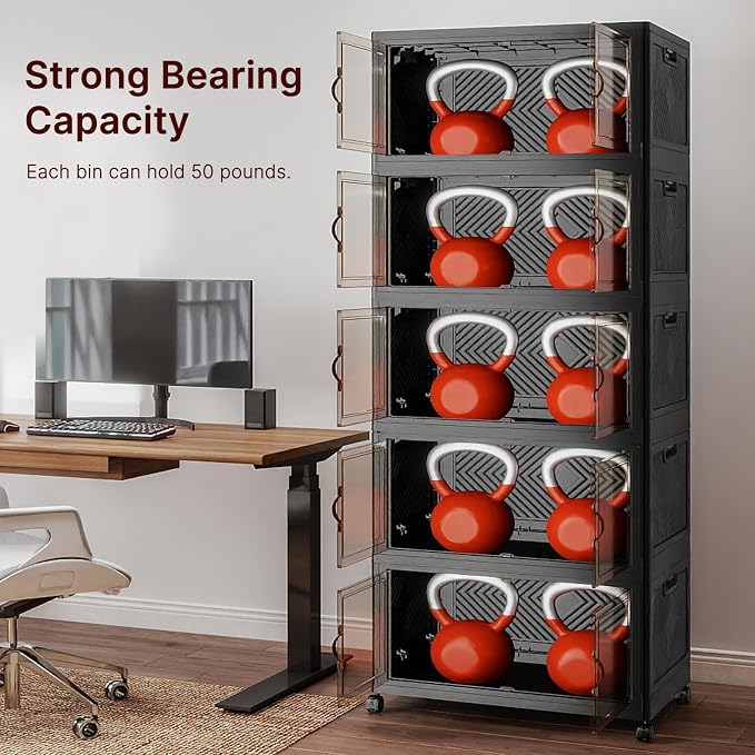 Stackable Storage Bins with Lids, 600QT Lockable Storage Cabinet | Folding Storage Box with Doors and Wheels, Collapsible Plastic Drawers for Home, Garage, Office