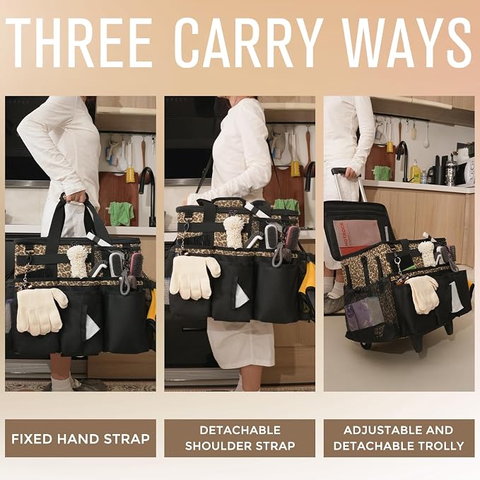 SCAVATA Rolling Cleaning Caddy Bag with Detachable Trolley & Wheels | Large Cleaning Supply Organizer, Portable Multi-Pocket Cleaning Cart for Housekeeper, Adjustable Shoulder Strap, Leopard