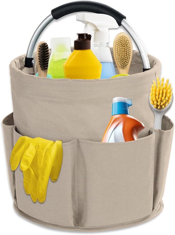 17L Cleaning Caddy with Handle, Cleaning Supplies Organizer, Foldable Storage Basket, Cleaning Supply Caddy, Portable Multi Cleaning Bucket Bag for Home, Garden (Khaki)