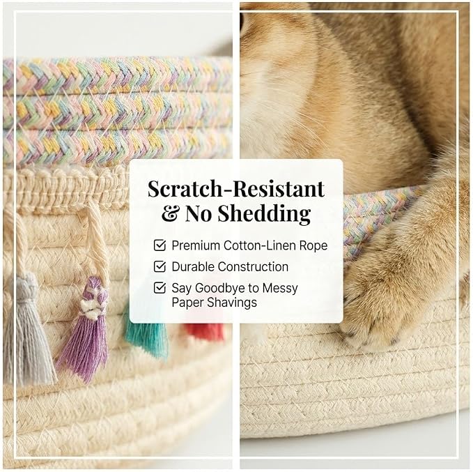 Cat Bed Basket with Soft Cushion & Play Ball - Cotton Rope Cat Beds for Indoor Cats, Kittens & Medium and Large Cat - Durable Handwoven Cat Scratching Bed with Decorative Tassels, All Season Universal