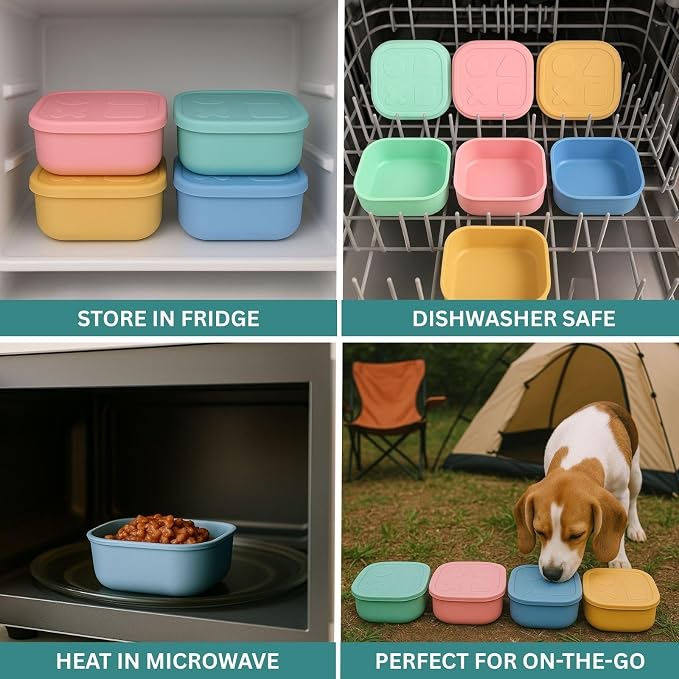 2ME Airtight Pet Wet Food Storage Containers with Lids (4-Pack, 12oz) - Silicone Meal Prep Kit for Dog & Cat Food - Freezer, Microwave & Dishwasher Safe - with Stainless Steel Scoop