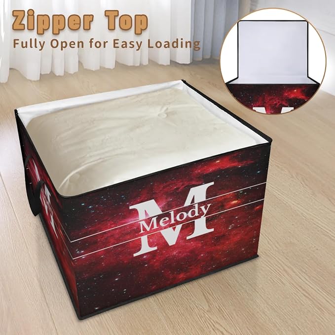 Personalized Name Foldable Storage Basket Cubes with Lid, Laundy Hamper Dirty Clothes Pet Toys Storage Bin with Handles for Shelf Home Closet Kitchen, Red Galaxy Universe with Initial Letter