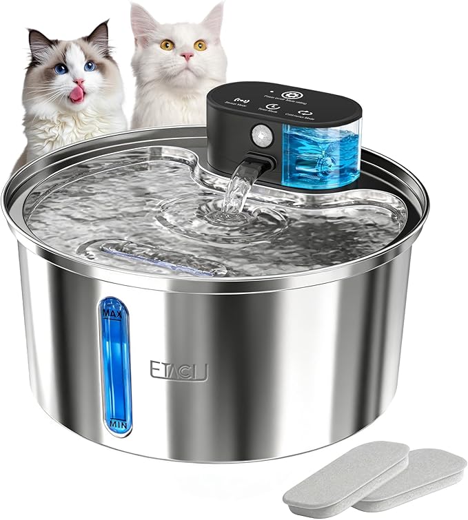 ETACCU Wireless Cat Water Fountain Stainless Steel - 3.2L/108oz, Pet Water Fountain Battery Operated with Motion Sensor, 3 Modes, Quiet Pump, Cordless Water Fountain for Cats and Small Dogs