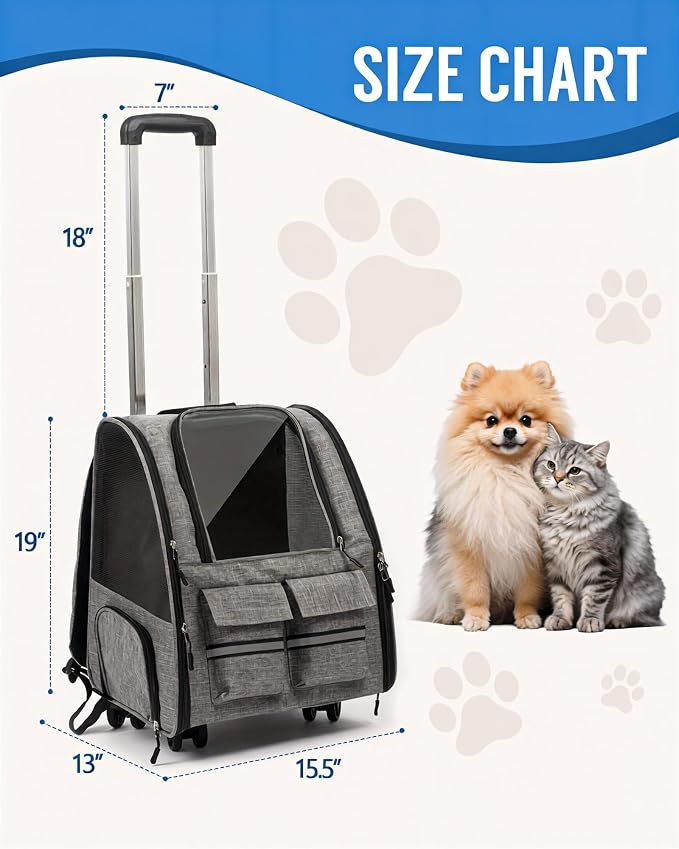 Rolling Pet Carrier with Wheels, Polyester, Soft-Sided Collapsible, Large, Travel, with Telescopic Handle and Folding Bowl (Gray Wheeled Carrier Set)