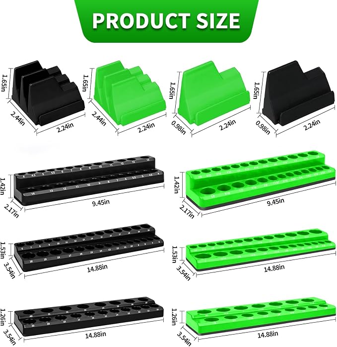 Magnetic Socket Organizer Set, 8PCS Socket Holder, 6 Socket Trays & 2 Wrench Racks, Metric & SAE Tool Box Organizer for 1/4", 3/8", 1/2" Sockets for Toolbox Storage (Black and Green, 8Pcs)
