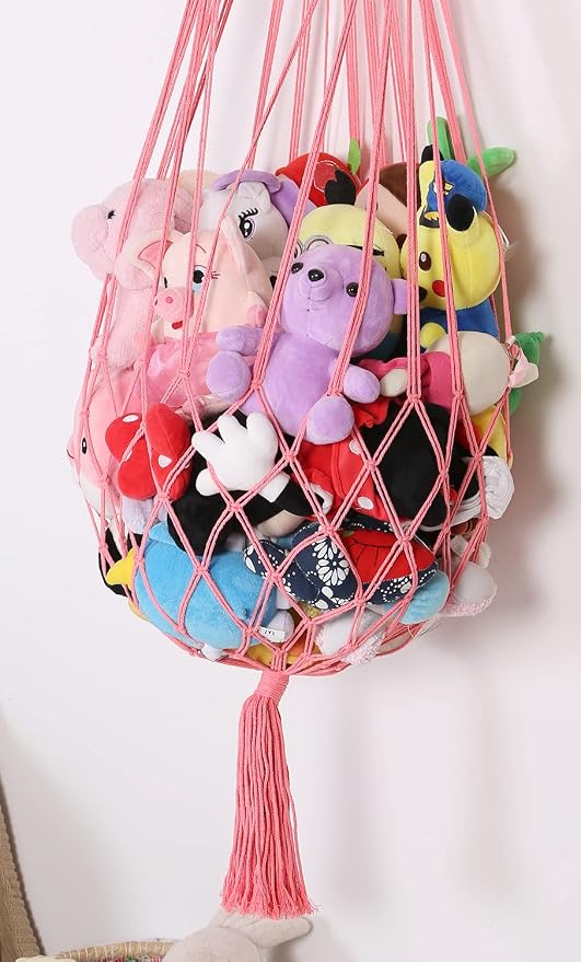 Stuffed Animal Hammock Wall Hanging Net for Stuffed Animal Net Stuffed Animal Storage Plush Toy Holder Toy Organizer for Boho Kidroom Playroom Nursery Decor (Pink)