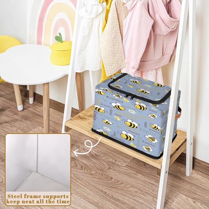 Personalized Storage Bins with Zipper Lid, Customized Name Storage Basket Rectangle Clothes Organizer for Kids and Pets Toys Shelf Closet, Cartoon Bee with Daisy Floral Grey Blue Background