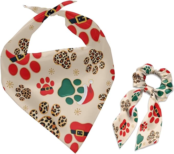 COEQINE Christmas Dog Bandanas Large Beige Bow Hair Tie Bulk Set Costume for Dogs 2 Pcs Large Medium Small Pet Cosplay Birthday Costumes,Cute Paw Print Beige