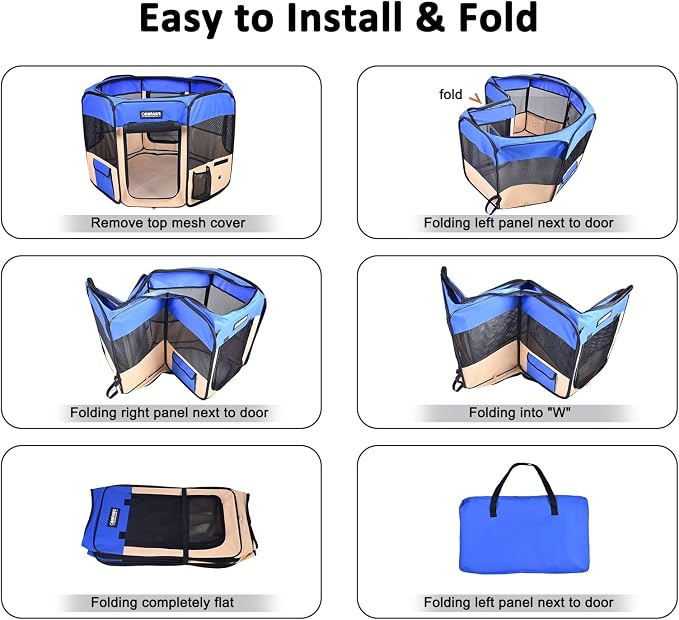 Jespet Soft Dog Playpen, Portable Pet Exercise Pen Kennel with Carry Bag | 2-Door, Easy to Fold, Ground Stakes, Zipper Locks, Large Storage Pocket, Washable Top Mesh Cover & Bottom Cover