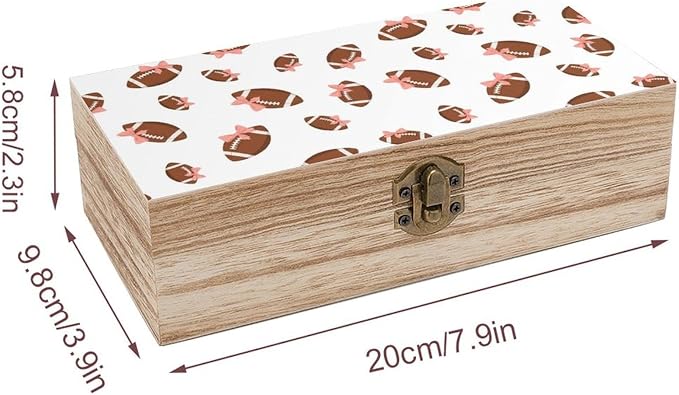 Wooden Storage Box Keepsake Organizer Case with Lid, Pink Bow Football | White Small Memory Boxes, Photo Organizer Jewelry Container Case, 9.2x5.5x3.9 Inch