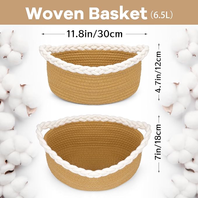 Small Storage Basket, Braided Cotton Rope Basket with Handles - Jute Color Boho Organizer for Bathroom, Nursery & Living Room, Gift & Home Decor (11"x7"x4.7")