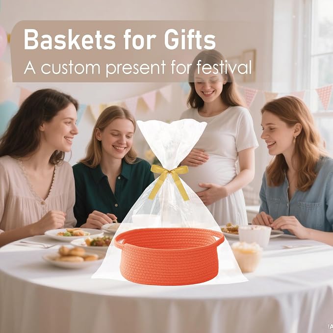 JMvicyroam Small Woven Basket, Empty Gift Basket, Orange/1 Pack | Small Gift Basket, Cotton Rope, 12 x 8 x 15 in, Handles, Includes Ribbon and Bag, Birthday Gift Basket