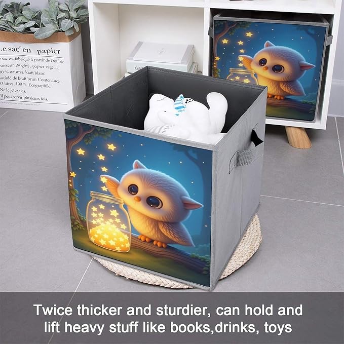 An Owl Wishing Jar Foldable Storage Bins, 10.6" Cube Storage Organizer, Sturdy Oxford Cloth Fabric Baskets for Closet, Shelf, Nursery, Bedroom, Decorative Printed Box for Toys & Clothes