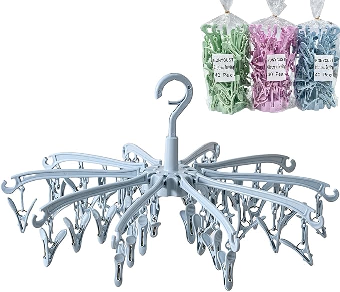 Clothes Sock Drying Hanger with 40 Clips,Foldable Hanging Rack | for Drying Socks Lingerie Baby Clothes Drying Towels Rotatable Sock Drying Rack with 40 Pegs Clips(Blue)