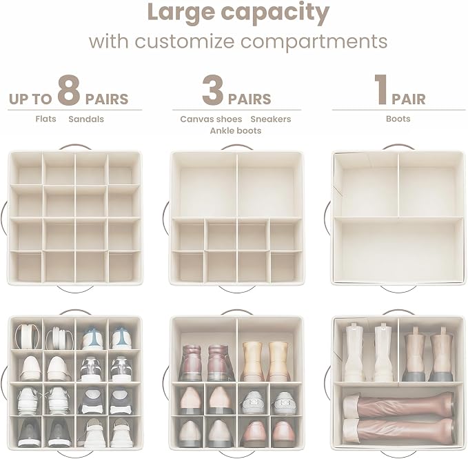 Varhomax Shoe Organizer Box for Closet, Fabric Storage Basket | Foldable Shoe Bin with Adjustable Dividers & Clear Cover, Saving Space Sneakers & Sandals Containers for Entryway, Cubby