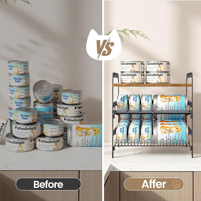 Cat Food Can Organizer for Pantry | Adjustable 2 Tier Canned Food Organizer for Human and Pet Holds up to 42 Cans Fifo Design